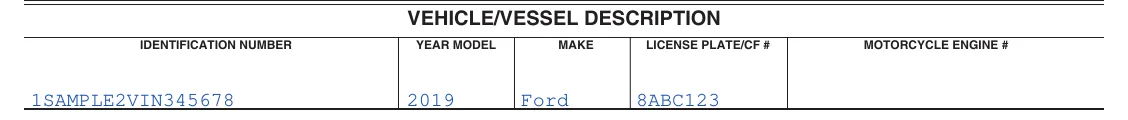 California DMV Power of Attorney (REG 260): Vehicle/Vessel Description, filled with sample entries