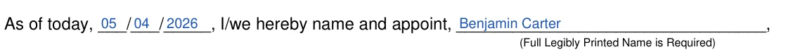 Florida FLHSMV Power of Attorney (HSMV 82053): As of today, the date and the attorney-in-fact, filled with sample entries