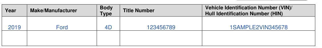Florida FLHSMV Power of Attorney (HSMV 82053): Year, Make/Manufacturer, Body Type, Title Number, VIN/HIN, filled with sample entries