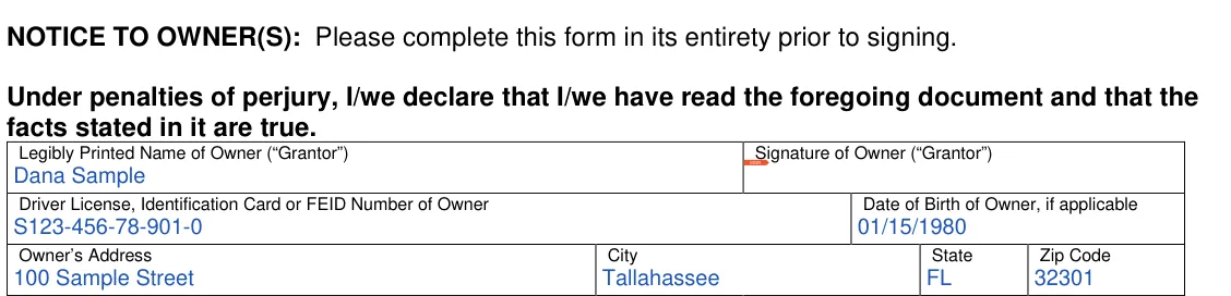 Florida FLHSMV Power of Attorney (HSMV 82053): Owner (Grantor): printed name, signature, ID number, date of birth and address, filled with sample entries