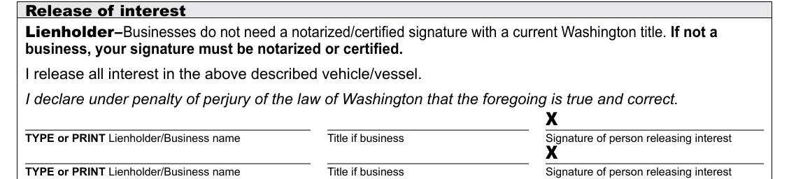 Washington DOL Release of Interest/Power of Attorney (TD-420-050): Release of interest: Lienholder, filled with sample entries