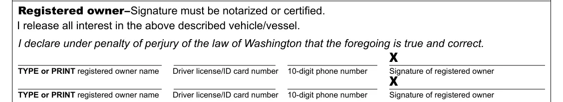 Washington DOL Release of Interest/Power of Attorney (TD-420-050): Release of interest: Registered owner, filled with sample entries
