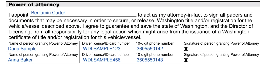Washington DOL Release of Interest/Power of Attorney (TD-420-050): Power of attorney: I appoint, and each person granting it, filled with sample entries