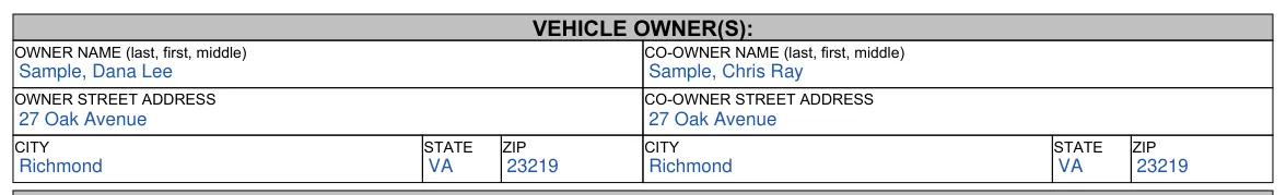 Virginia VSA 70 Power of Attorney to Sign for Owner: Vehicle Owner(s), filled with sample entries