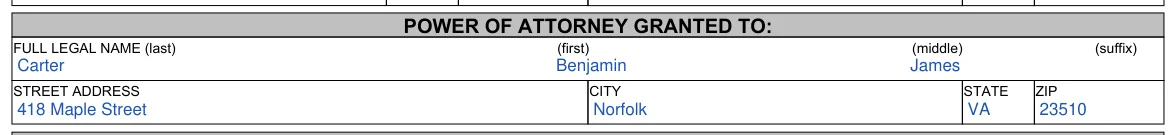 Virginia VSA 70 Power of Attorney to Sign for Owner: Power of Attorney Granted To, filled with sample entries