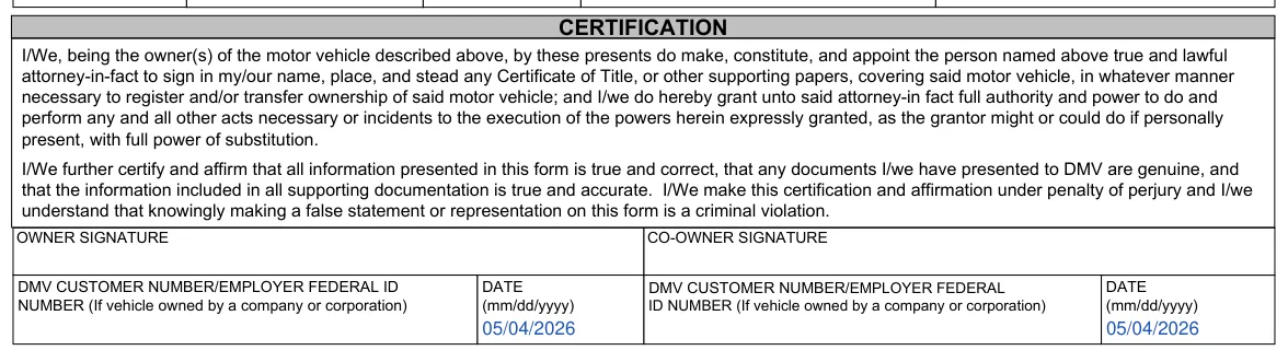 Virginia VSA 70 Power of Attorney to Sign for Owner: Certification and owner signatures, filled with sample entries