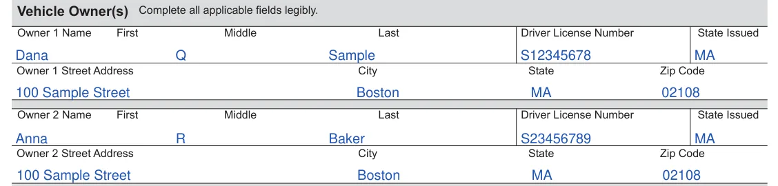 Massachusetts RMV Vehicle Owner's Limited Power of Attorney (TTLREG109): Vehicle Owner(s), filled with sample entries