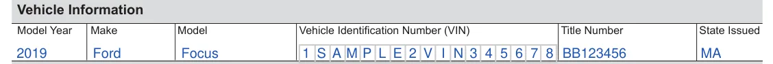 Massachusetts RMV Vehicle Owner's Limited Power of Attorney (TTLREG109): Vehicle Information, filled with sample entries