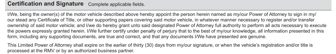 Massachusetts RMV Vehicle Owner's Limited Power of Attorney (TTLREG109): Certification and Signature, filled with sample entries