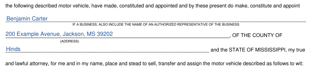 Mississippi DOR Power of Attorney to Transfer Motor Vehicle (Form 78-003): Appoint, the attorney, address and county, filled with sample entries