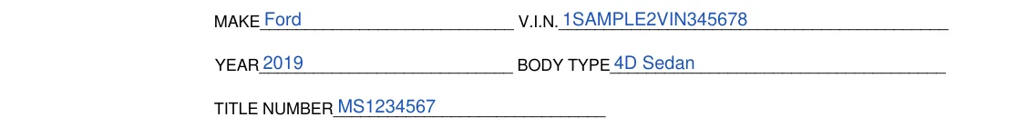 Mississippi DOR Power of Attorney to Transfer Motor Vehicle (Form 78-003): Make, V.I.N., Year, Body Type, Title Number, filled with sample entries