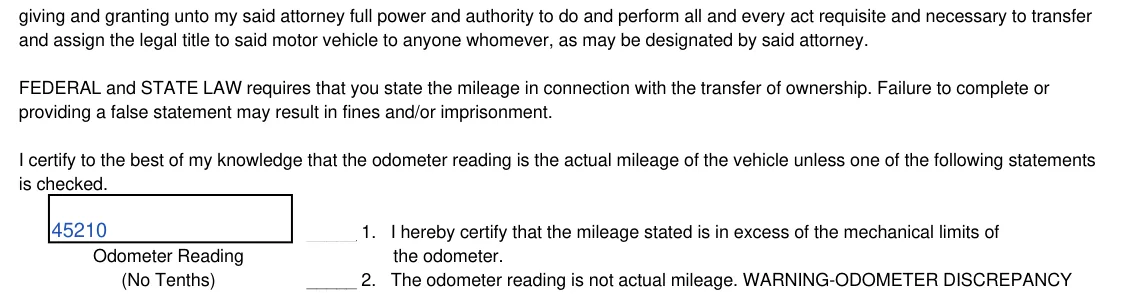 Mississippi DOR Power of Attorney to Transfer Motor Vehicle (Form 78-003): Odometer reading and statements, filled with sample entries