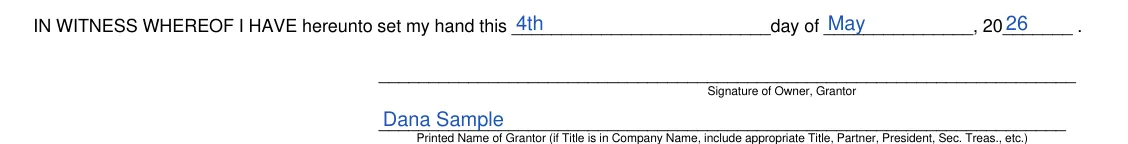 Mississippi DOR Power of Attorney to Transfer Motor Vehicle (Form 78-003): In witness whereof, signature and printed name of the grantor, filled with sample entries