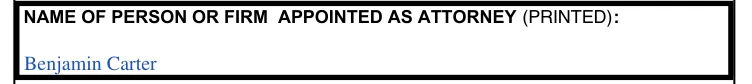 Oregon DMV Power of Attorney (Form 735-500): Name of person or firm appointed as attorney, filled with sample entries