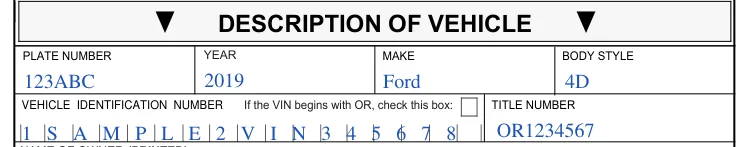 Oregon DMV Power of Attorney (Form 735-500): Description of vehicle, filled with sample entries