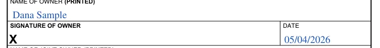 Oregon DMV Power of Attorney (Form 735-500): Name and signature of owner, and date, filled with sample entries