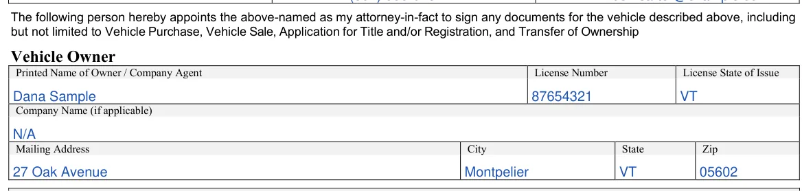 Vermont VN-101 Vehicle Power of Attorney: Vehicle Owner, filled with sample entries