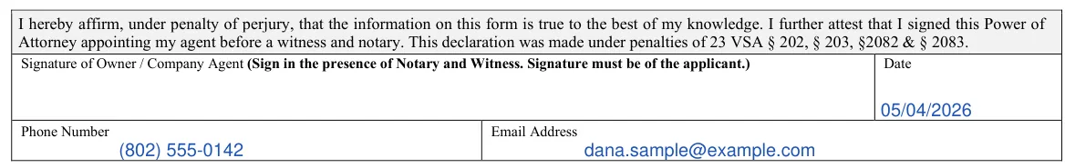 Vermont VN-101 Vehicle Power of Attorney: Signature of Owner / Company Agent, filled with sample entries