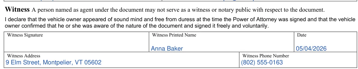 Vermont VN-101 Vehicle Power of Attorney: Witness, filled with sample entries