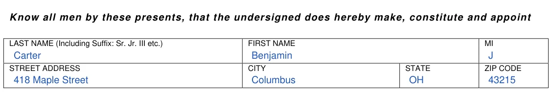 Ohio BMV 3771 Power of Attorney: The attorney-in-fact's name and address, filled with sample entries