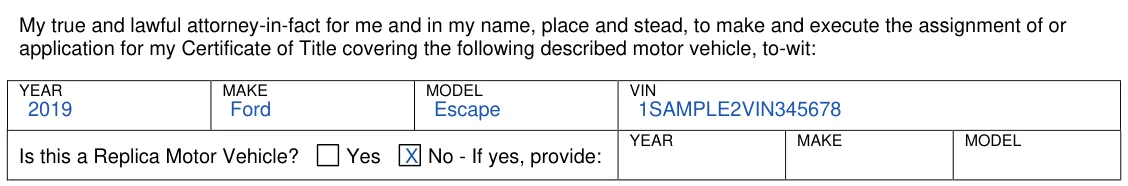 Ohio BMV 3771 Power of Attorney: Year, Make, Model, VIN and the replica question, filled with sample entries