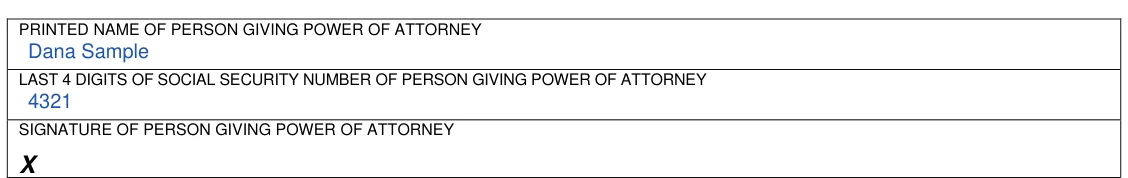 Ohio BMV 3771 Power of Attorney: Printed name, last 4 digits of SSN and signature, filled with sample entries