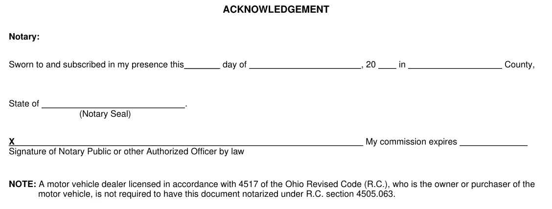 Ohio BMV 3771 Power of Attorney: Acknowledgement by a notary, filled with sample entries
