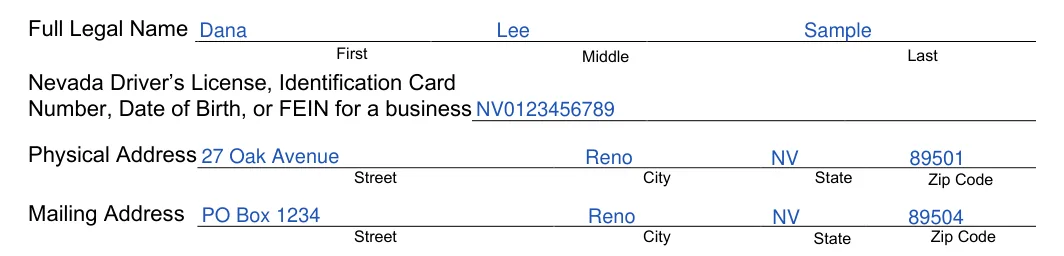 Nevada VP-136 Power of Attorney: Full Legal Name, license or ID number and addresses, filled with sample entries