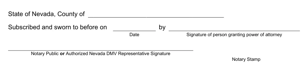 Nevada VP-136 Power of Attorney: Subscribed and sworn to before a notary or DMV representative, filled with sample entries