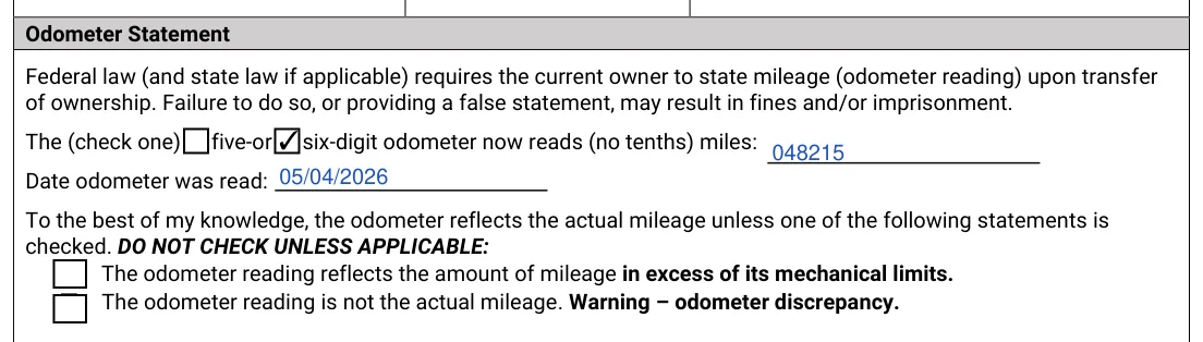 Montana MV65 Power of Attorney: Odometer Statement, filled with sample entries
