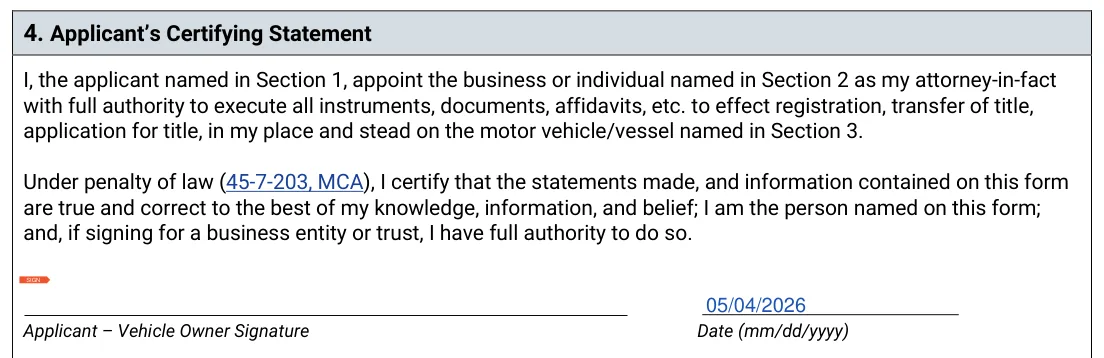 Montana MV65 Power of Attorney: 4. Applicant's Certifying Statement, filled with sample entries