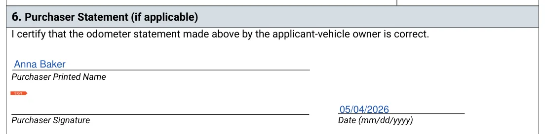 Montana MV65 Power of Attorney: 6. Purchaser Statement (if applicable), filled with sample entries
