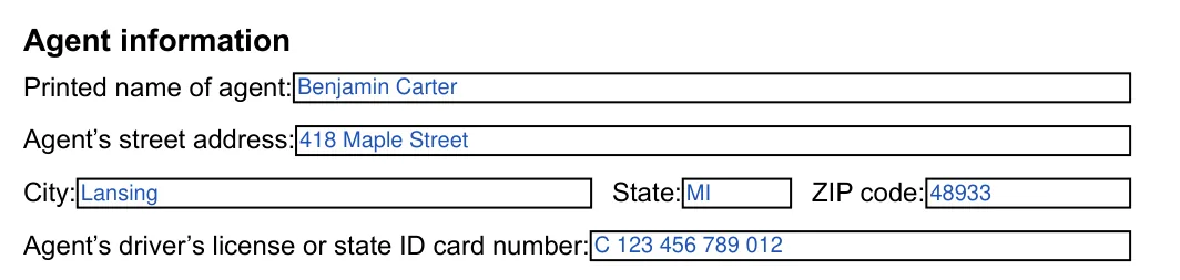 Michigan TR-128 Appointment of Agent: Agent information, filled with sample entries