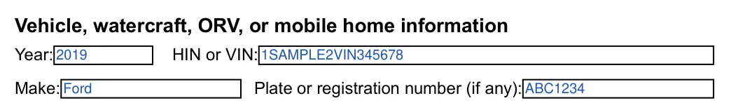 Michigan TR-128 Appointment of Agent: Vehicle, watercraft, ORV, or mobile home information, filled with sample entries
