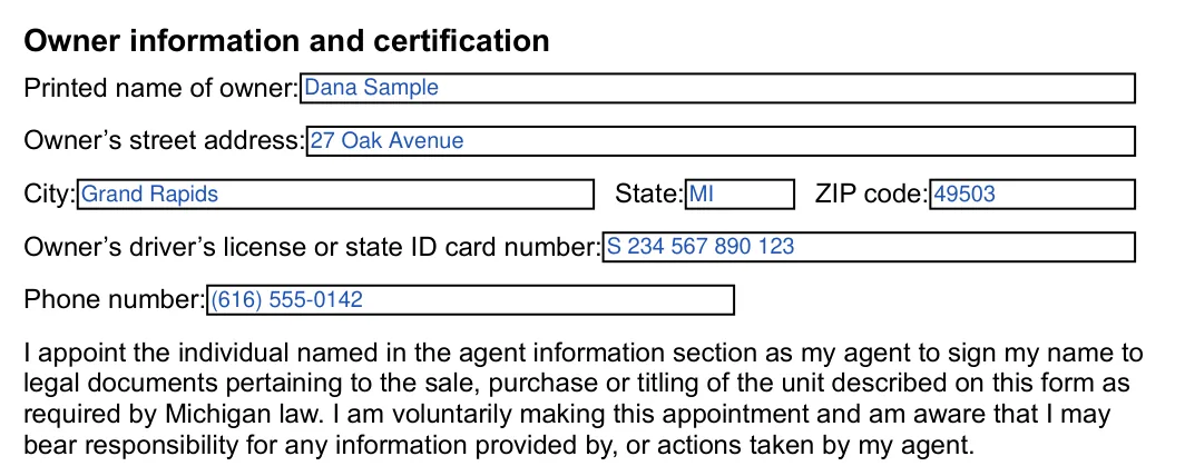 Michigan TR-128 Appointment of Agent: Owner information and certification, filled with sample entries