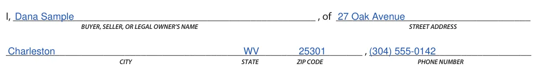 West Virginia DMV-9-TR Limited/Restricted Power of Attorney: I, the owner's name, address and phone number, filled with sample entries