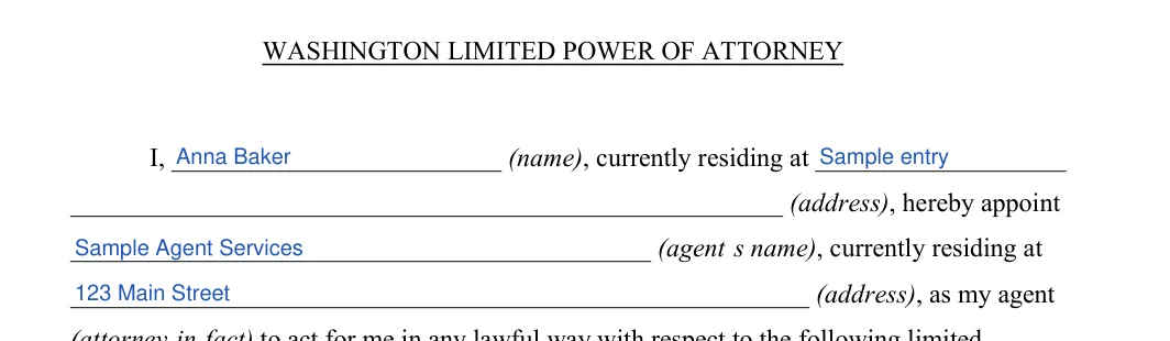 Washington Limited Power of Attorney: WASHINGTON LIMITED POWER OF ATTORNEY, filled with sample entries