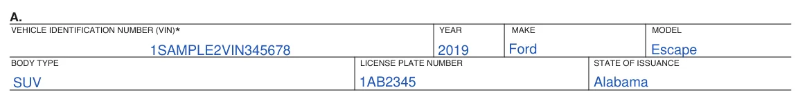 Alabama Department of Revenue Power of Attorney (Form MVT 5-13): A. Vehicle: VIN, year, make, model, body type, plate and state, filled with sample entries