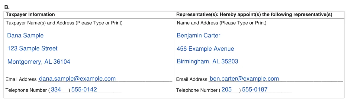 Alabama Department of Revenue Power of Attorney (Form MVT 5-13): B. Taxpayer Information and Representative(s), filled with sample entries