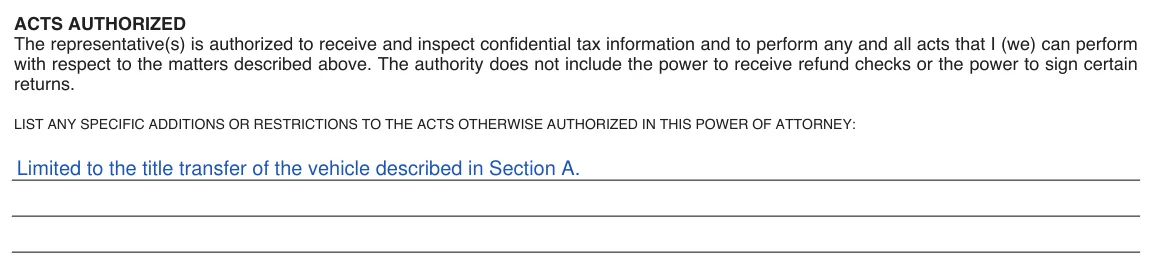 Alabama Department of Revenue Power of Attorney (Form MVT 5-13): Acts authorized, additions or restrictions, filled with sample entries