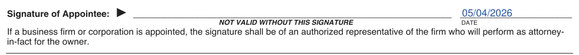 Alabama Department of Revenue Power of Attorney (Form MVT 5-13): Signature of Appointee and Date, filled with sample entries