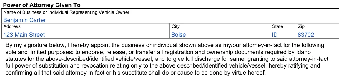 Idaho ITD 3368 Limited Power of Attorney For Specific Motor Vehicle/Vessel: Power of Attorney Given To, filled with sample entries