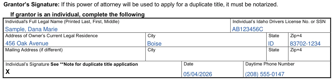 Idaho ITD 3368 Limited Power of Attorney For Specific Motor Vehicle/Vessel: If grantor is an individual, complete the following, filled with sample entries