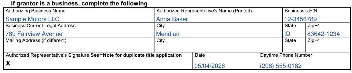 Idaho ITD 3368 Limited Power of Attorney For Specific Motor Vehicle/Vessel: If grantor is a business, complete the following, filled with sample entries