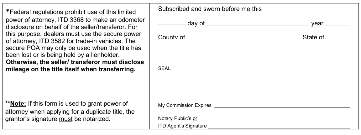 Idaho ITD 3368 Limited Power of Attorney For Specific Motor Vehicle/Vessel: Subscribed and sworn before me (Notary Public's or ITD Agent's Signature), filled with sample entries