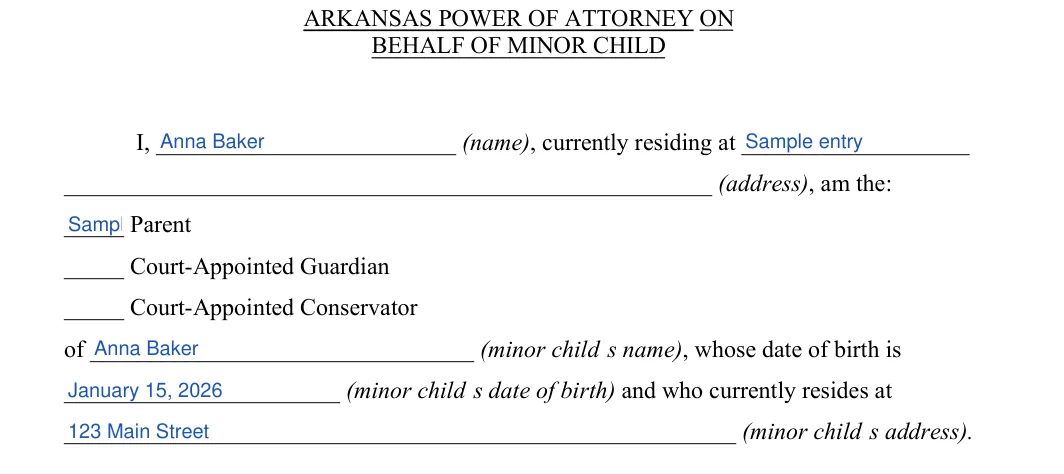 Arkansas Arkansas Minor Child Power of Attorney: BEHALF OF MINOR CHILD, filled with sample entries