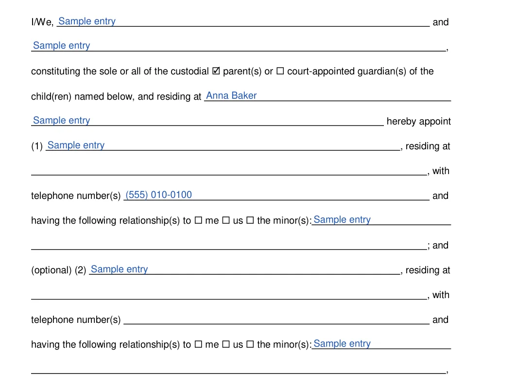 California California Minor Child Power of Attorney: Parents or, Courtappointed guardians of the and more, filled with sample entries