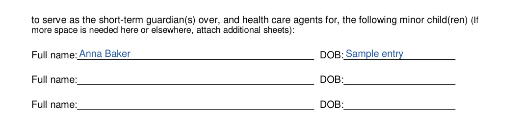 California California Minor Child Power of Attorney: Full name, Dob, filled with sample entries