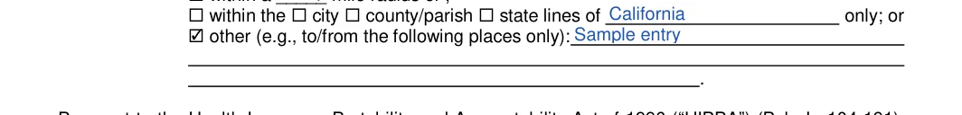 California California Minor Child Power of Attorney:  other (e.g., to/from the following places only), filled with sample entries