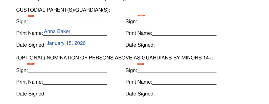 California California Minor Child Power of Attorney: CUSTODIAL PARENT(S)/GUARDIAN(S), filled with sample entries